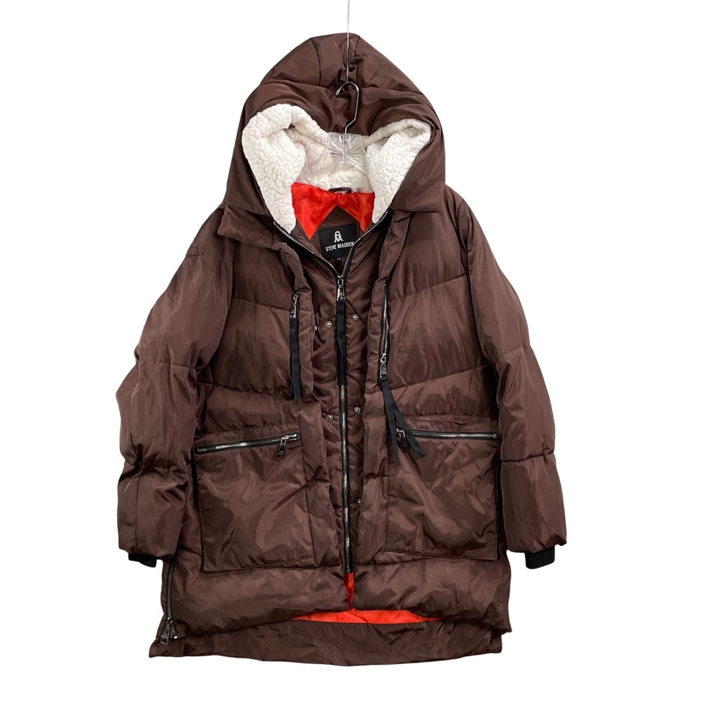 Steve Madden Puffer Jacket Womens Large Brown Hooded Faux Fur Lined Coat Travel‎